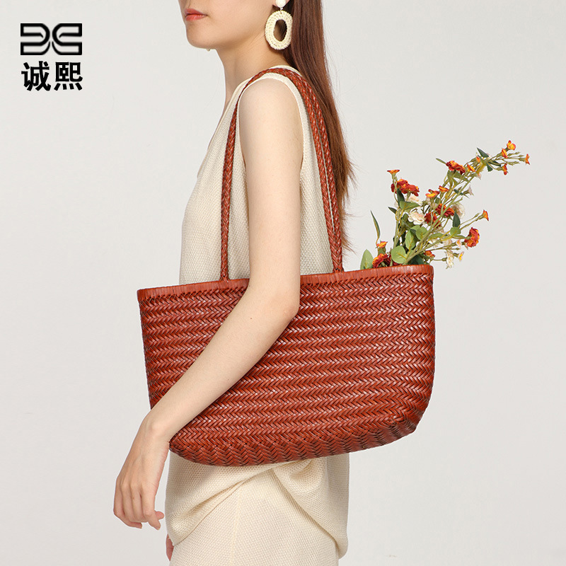 Luxury Beach Vacation Handbag Retro Genuine Leather Woven Bag Fashion Mother-Daughter Set Shoulder Underarm Tote Bag