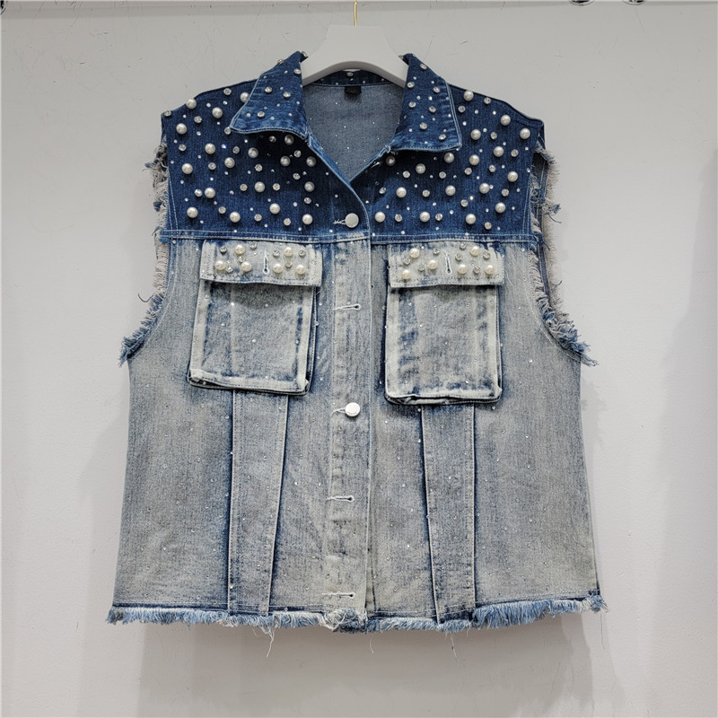 Estación Europea 2023 primavera y verano nueva moda gradiente uñas perla Denim Chaleco de las mujeres sueltas todo fósforo abrigo chaleco moda