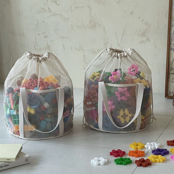 Mesh Hollow Tote Bag Drawstring Pocket Toy Block Lego Swimming Wash Bag Travel Ultra Light Storage Bag