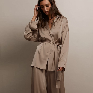 2024 Autumn and Winter New Pajamas Ice Silk Two-piece Nightgown Pants Comfortable Silk Simple French Style Home Wear for Women