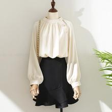斜扣缎面雪纺衬衫女早秋法式上衣复古立领设计感小众别致上衣