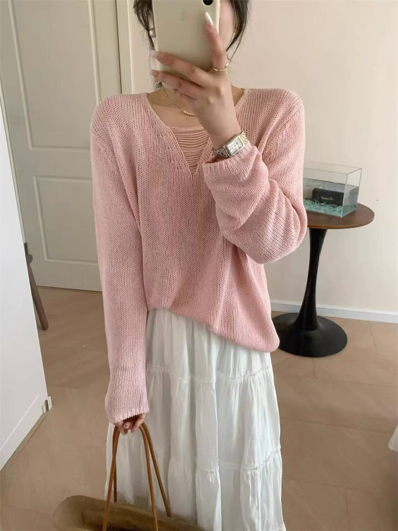 2025 primavera y verano nuevo estilo coreano simple cuello en V diseño hueco suelto casual todo-fósforo protector solar fino top de punto image 8