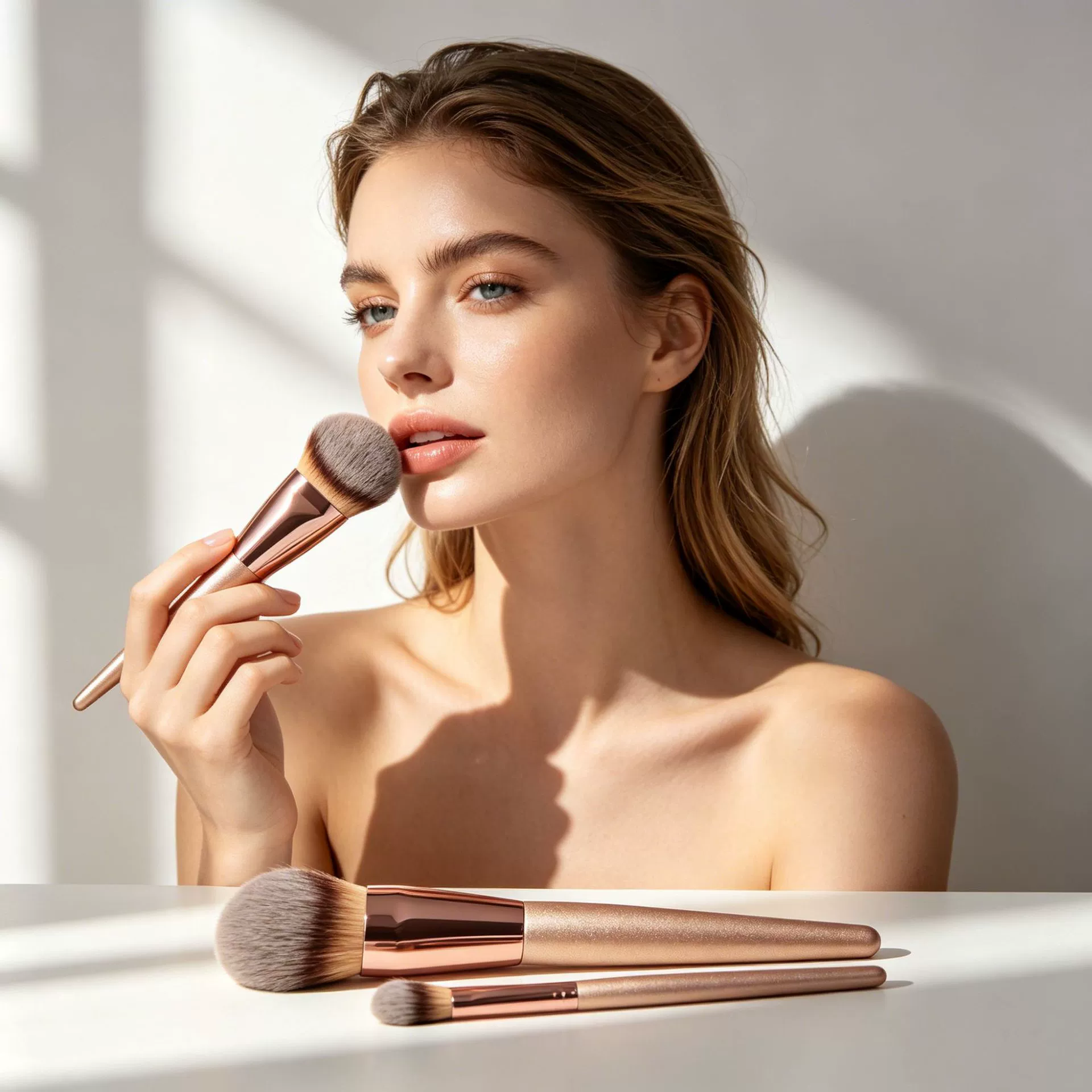 Кисть для основания макияжа FINDCOLOR, цве́т золотого шампанского, деревянная ручка, импортированные нейлоновые волокна