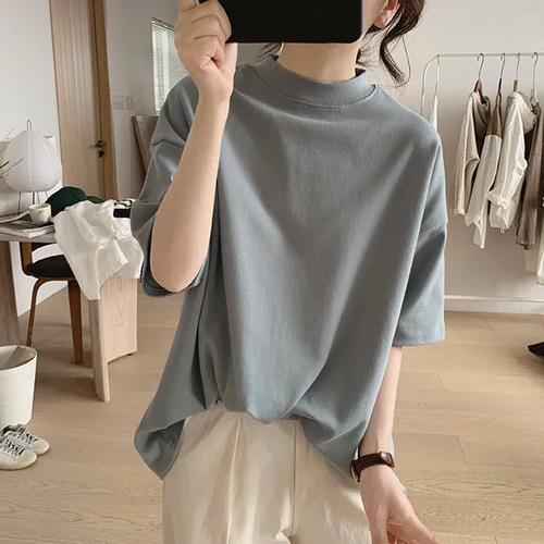 Half turtleneck T-shirt women's new spring and summer loose slimming Korean style simple half-sleeved age-reducing cotton basic top