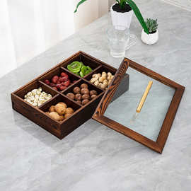 创意家用桌面木质干果零食收纳盒实木多格小吃碟子带盖收纳木盒