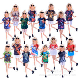 热卖欧美夏季新款11寸30CM换装女孩时尚娃娃T恤短裤配饰玩具跨境