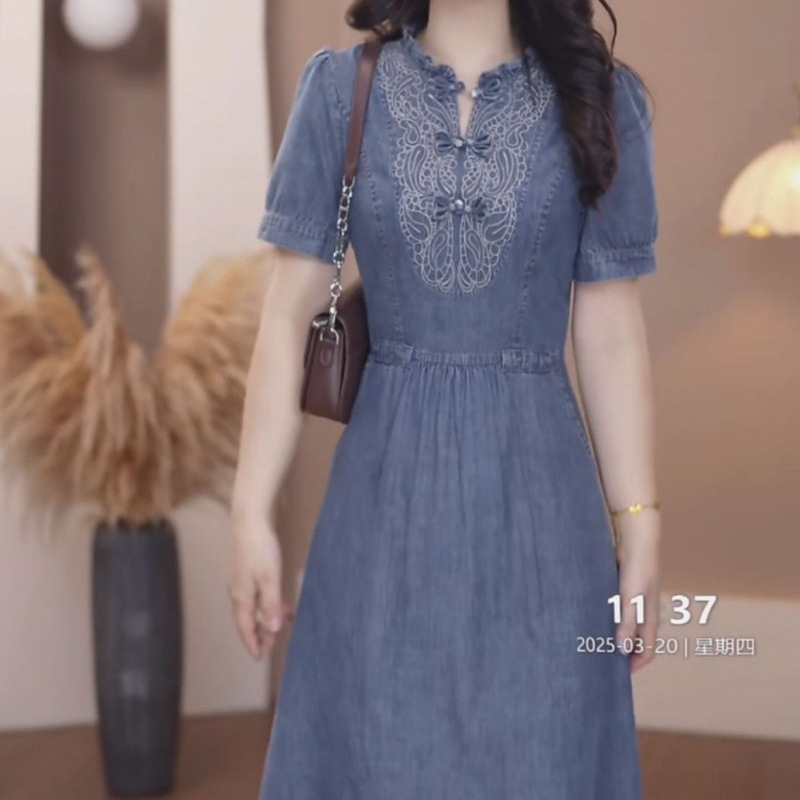 気質デニム刺繍半袖ドレス女性のための 2025 夏の新ファッションスリムママチャイナドレス|undefined