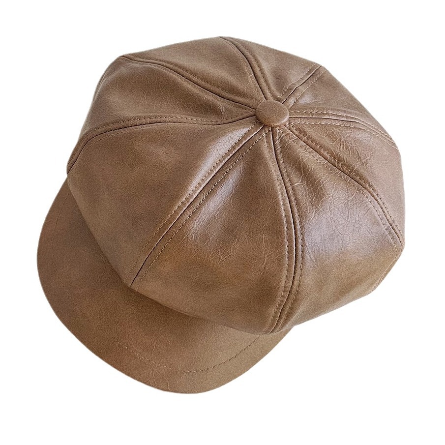 Unisex Children's PU leather octagon hat Fashion Autumn-winter painter's hat Literary vintage winter berets for boys and girls_voghion.com