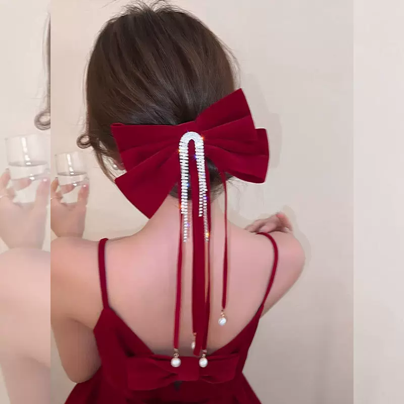 红色蝴蝶结头饰新娘敬酒服发饰女订婚晚礼服结婚简约高级秀禾发夹