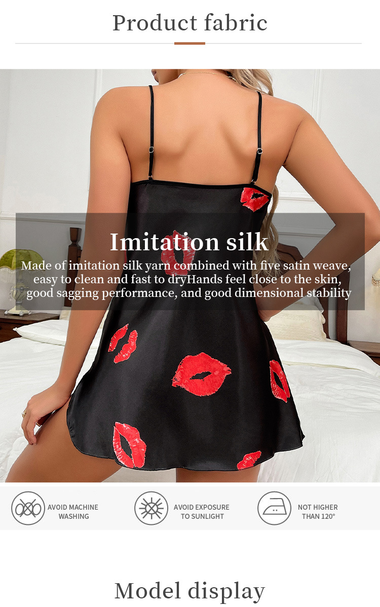 Imitated Silk, Polyester Fabric Type Mid Waist Waist Line Home Sexy Lips Heart Shape Imitated Silk Polyester Pajama Sets
