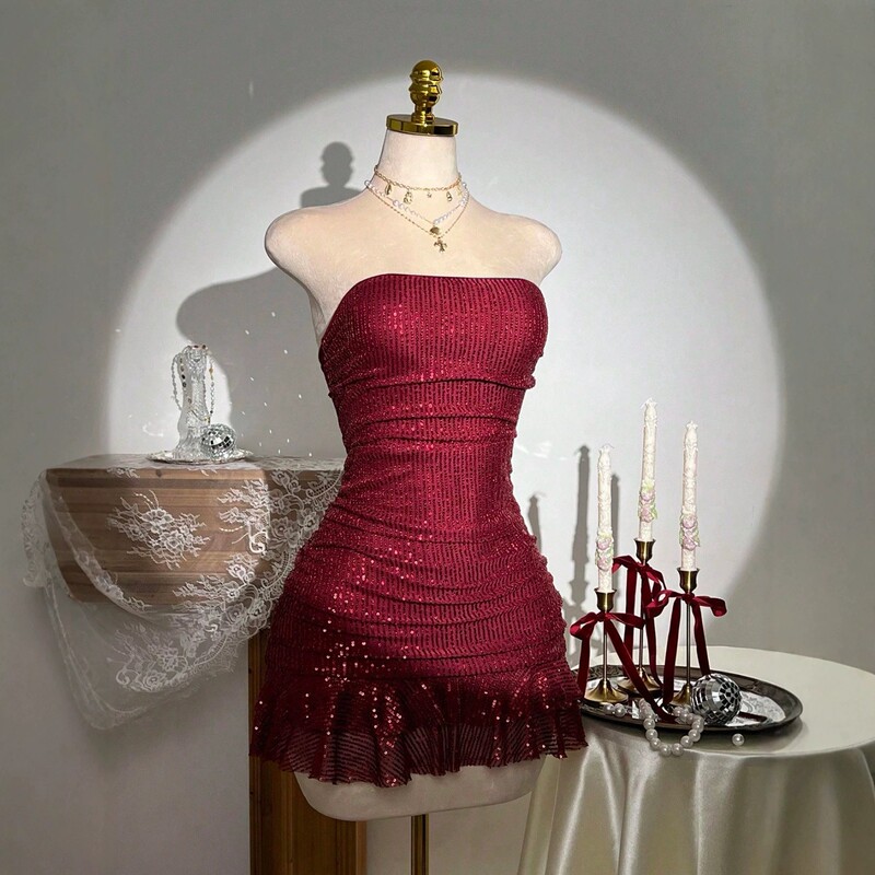 Cross-Border Pure Lust Style Burgundy Sequined Backless Mermaid Dress, Cross-Border Sexy Party Dress, Hot Girl Tight-Fitting Bodycon Evening Gown Cross-Border Pure Lust Style Burgundy Sequined Backless Mermaid Dress, Cross-Border Sexy Party Dress, Hot Girl Tight-Fitting Bodycon Evening Gown
