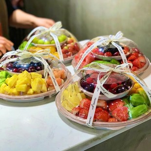 Double-layer six-compartment fruit cutting platter plastic disposable fruit and vegetable packaging box round transparent fresh fruit plate with lid