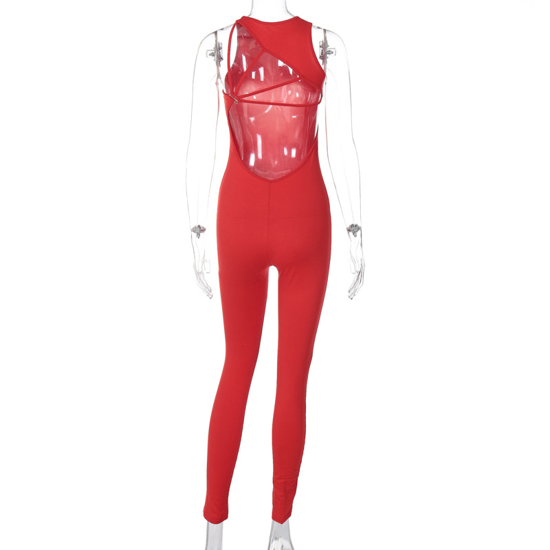 Spring Women Clothing Solid Color Sexy Backless Metal Buckle Sports Yoga Jumpsuit