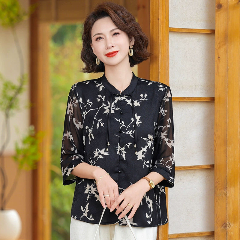 Летняя шифоновая рубашка с принтом для мам среднего возраста, футболка, новинка 2025 года, рубашка в новом стиле, топ ко Дню матери