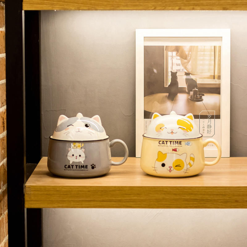 Taza de desayuno de caricatura de cerámica con tapa de alto valor de la oficina gatos creativos con mano mano mano mango de regalo tazón de porcelana image 4