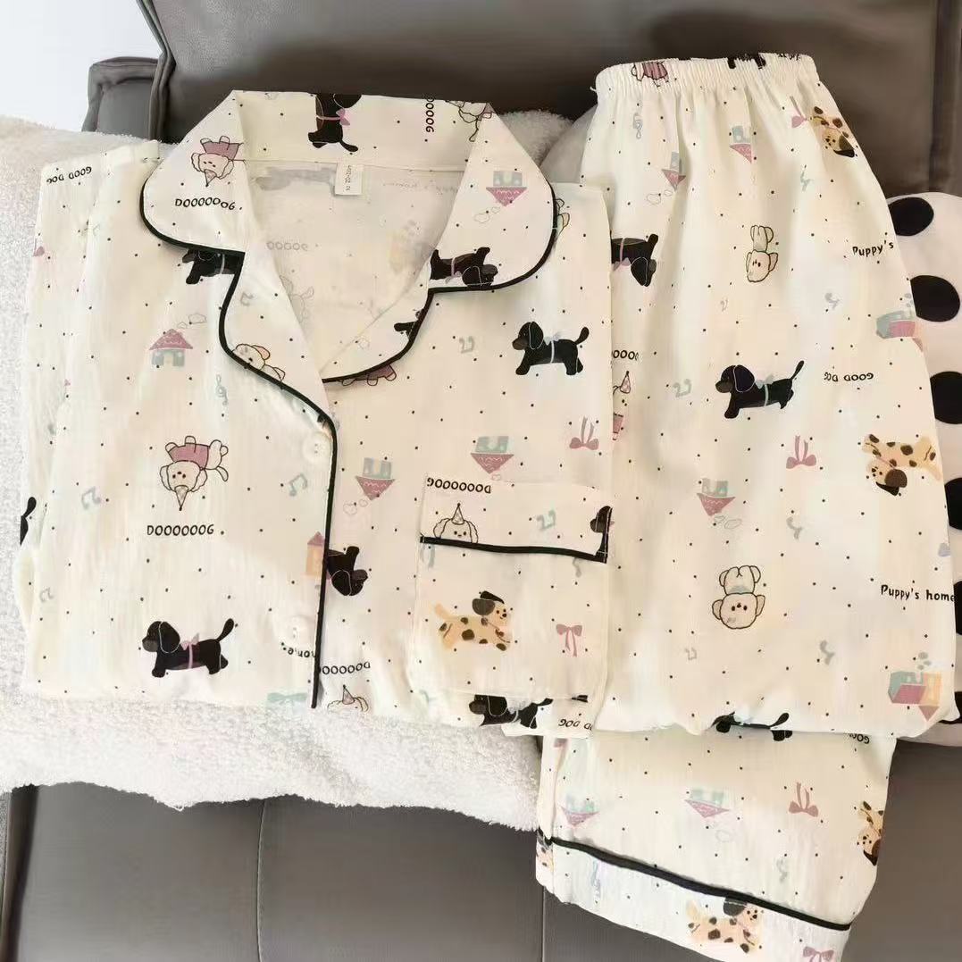 Verano nuevo pijama de algodón nube mujer suelta delgada pantalones de manga corta dos piezas conjuntos de dibujos animados impresión pareja ropa para el hogar