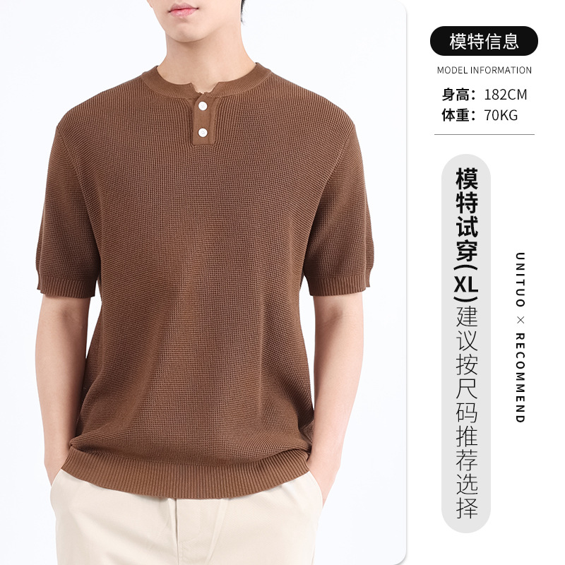 Hielo de alta gama, camiseta de cuello Henry de punto de manga corta, camiseta de lujo ligera, camiseta casual de alta calidad, chaqueta para hombre.