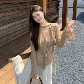 【原版品质】松弛系设计感飘带V领长袖T恤女秋季修身显瘦小众上