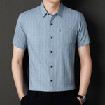 2024新款男士短袖衬衫免烫精品男装条纹口袋短袖棉麻衬衣男款爸爸