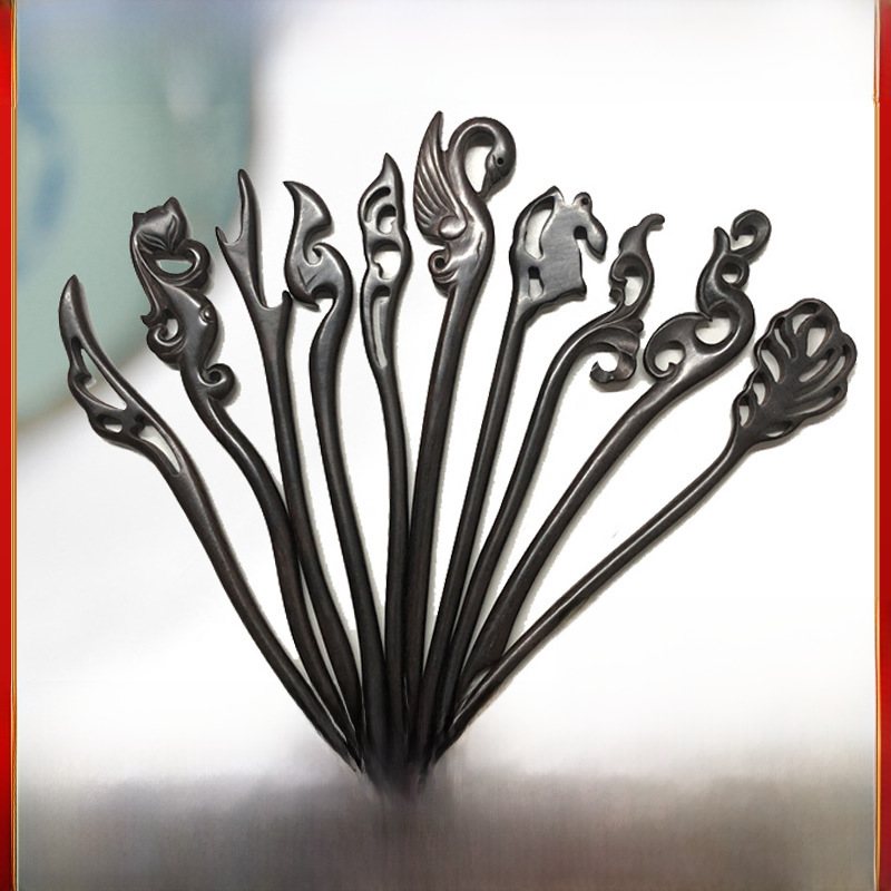 carved Chinese hairpin ebony sandalwood handmade
