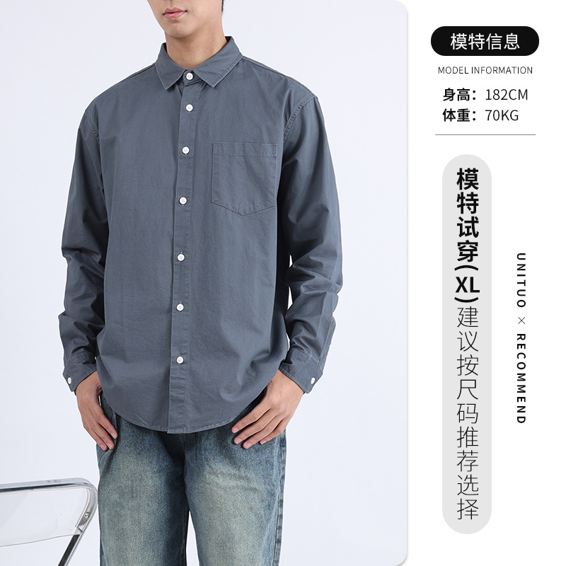 Hombres de otoño algodón camisa de manga larga abrigo relajado casual versátil de color sólido herramienta de bolsillo camisa de solapa de moda masculina