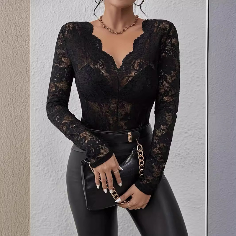 European and American Cross-Border 2026 Spring and Autumn New Sexy Single-Layer Floral Lace Fan-Shaped Decorative Base Shirt Top for Women