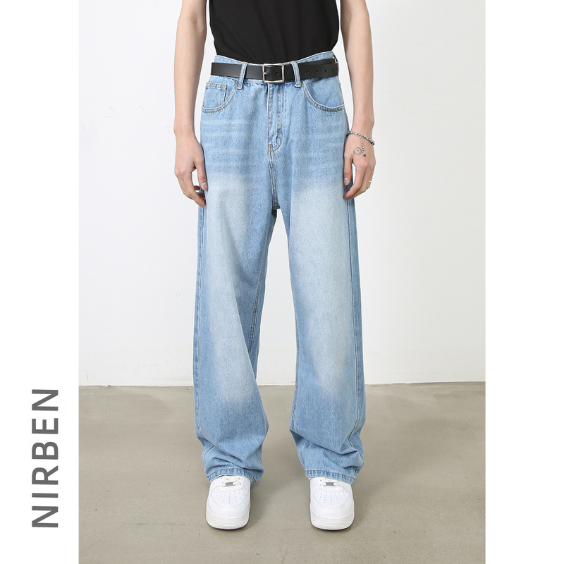 nirben Denim | New Korean style washed light blue mid-waist jeans Korean style loose straight wide-leg pants for men