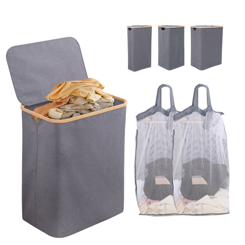 Cesta de ropa sucia de bambú plegable transfronteriza con bolsillo interior, cesto de almacenamiento de ropa, tela de bambú, cesto de almacenamiento de ropa sucia