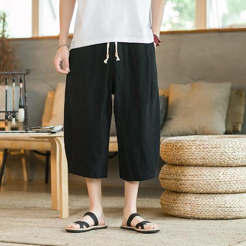 Cotton Linen Loose Fit Unisex Linen 7/8 Pants Chinese Style Summer Wear Trend Brand Thin Hem Flared Casual Short Pants