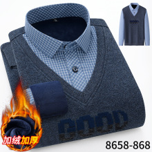2024冬季假两件保暖衬衫加绒加厚棉质商务休闲男装套头针织衫衬衣