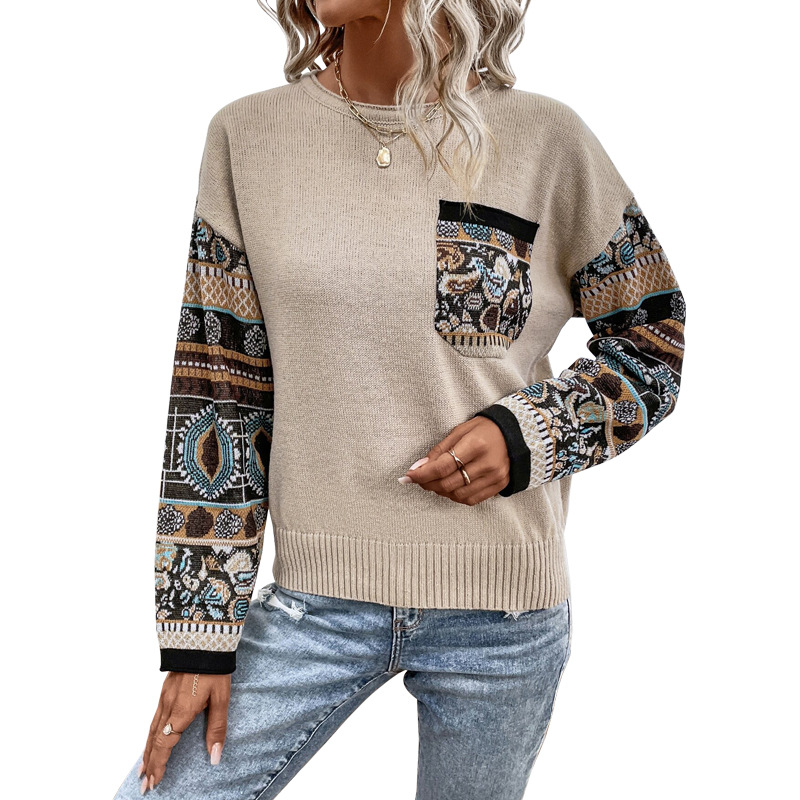 Women's Clothing Women's Autumn Knitted Loose Sweater Round Neck Color Block Long Sleeve Top For Formal & Casual For Women_ecoleips.com