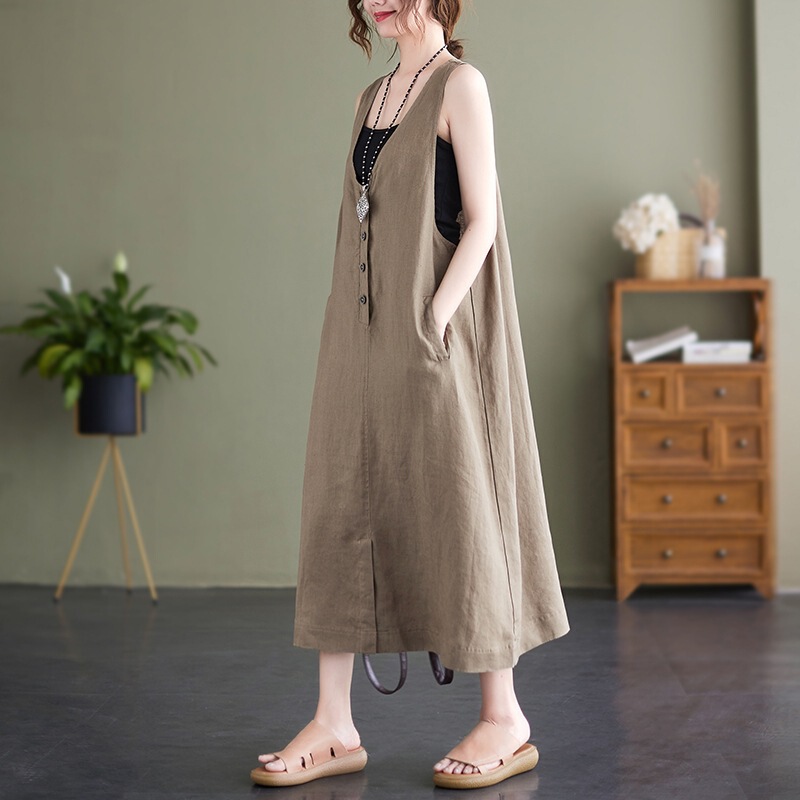 2026 New Cotton and Linen Artistic Large Size Loose Sleeveless Mid-Length Dress A-Line Skirt 2026 New Cotton and Linen Artistic Large Size Loose Sleeveless Mid-Length Dress A-Line Skirt