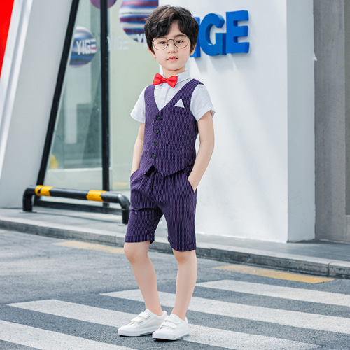 Children's dress, boy's short-sleeved striped vest set, Korean style summer new fashion flower girl host performance clothing dropshipping