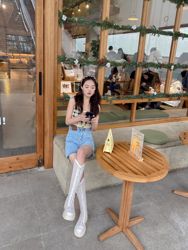 Boot lưới da thật cổ cao đế dày thoáng khí mùa xuân hè phong cách kỵ sĩ buộc dây — Màu nâu ống lớn, Màu đen cổ ống lớn, Ống nhỏ màu đen, Ống nhỏ màu be chi tiết 39