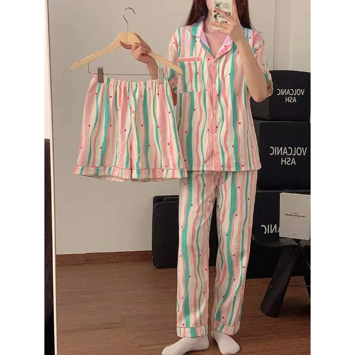 Verano nuevo pijama de algodón mujer dulce lindo ocio simple rayas se puede usar ropa de casa tres piezas conjunto al por mayor