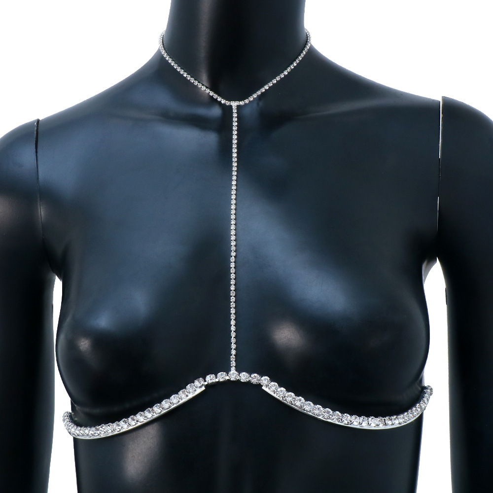 Europa y América transfronteriza rhinestone cadena del pecho sexy moda simple Halter curvado pecho soporte completo diamante cuerpo cadena accesorios cadena