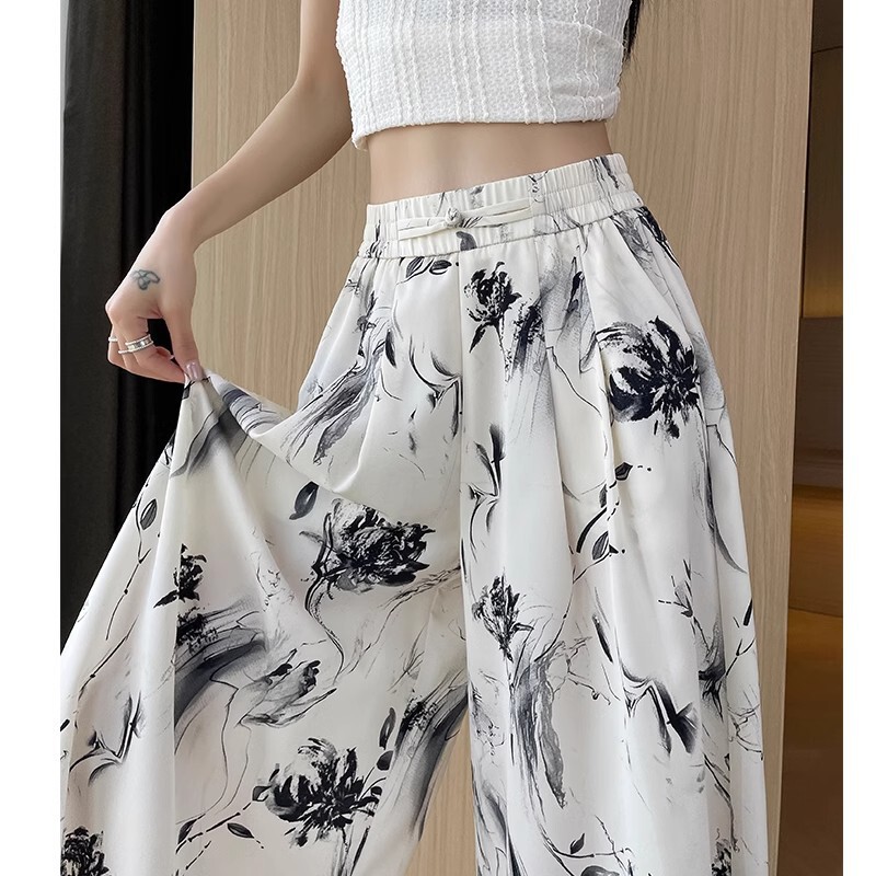 Ink Painting Printing Ice Silk Wide Leg Cropped Pants Women's Summer Thin 2024 New High Waist Loose Draping Pants