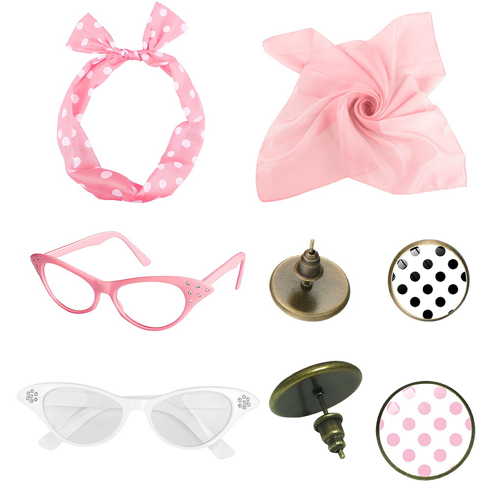 Decoración de baile retro de los años 1950 RPG punto de onda accesorios gafas aretes de pelo set collar