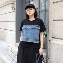 250301美式潮牌假两件短袖上衣牛仔拼接设计感小众独特别致T恤女