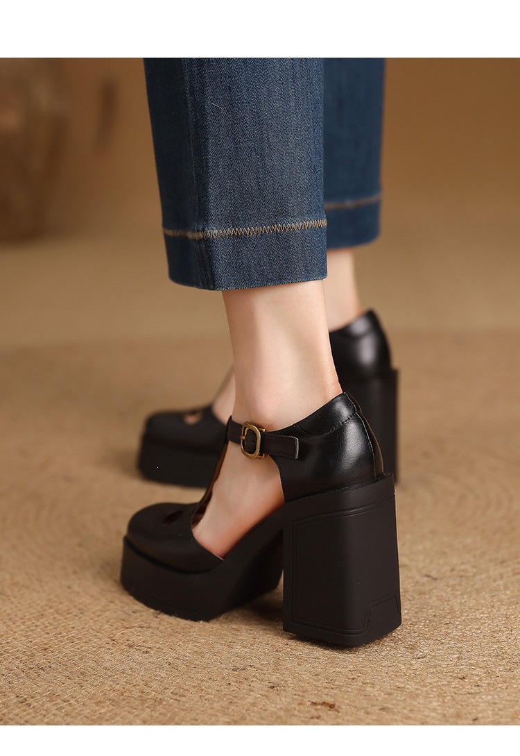 Sandal nữ đế xuồng platform gót vuông phong cách vintage khóa kim loại — màu nâu, màu đen chi tiết 7