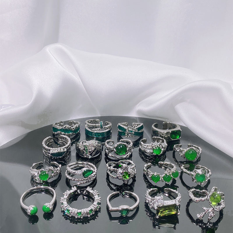 綠色鋯石紋理系列高級感ins戒指輕奢小眾設計復古肌理極簡指環潮