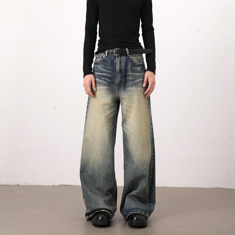 Nirben Denim | American Retro Jeans for Men, Washed and Distressed, Loose Straight-Leg, Versatile Wide-Leg Casual Pants.