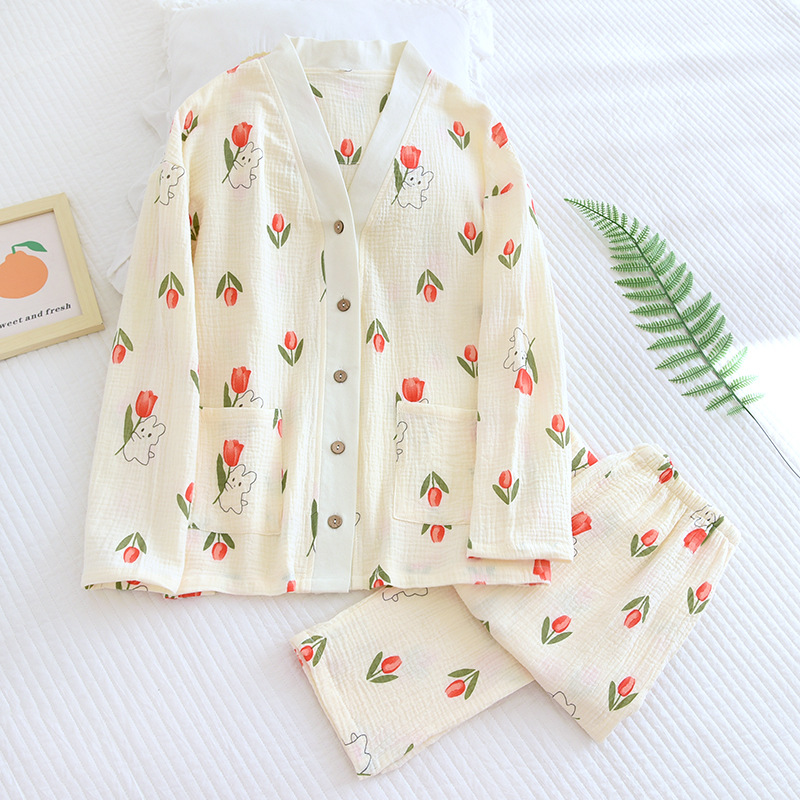 LJチューリップウサギ-クレープVネックパジャマカバー
