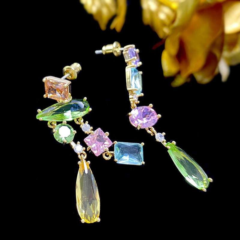 Oval, Water Droplets, Rectangle Pattern 1 Pair Shiny Oval Water Droplets Rectangle Asymmetrical Inlay Copper Crystal Drop Earrings