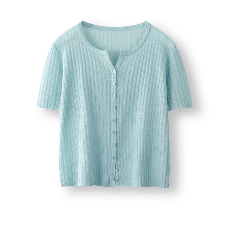 Summer Lightweight and Relaxed Linen Knitwear Short-Sleeved 26 Summer New Product Refreshing and Breathable Ribbed V-Neck Button Cardigan