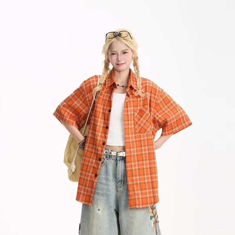 Dopamine Orange Plaid Short-Sleeve Shirt for Women, Summer American Retro Lazy Casual Shirt, Niche Cardigan Dopamine Orange Plaid Short-Sleeve Shirt for Women, Summer American Retro Lazy Casual Shirt, Niche Cardigan