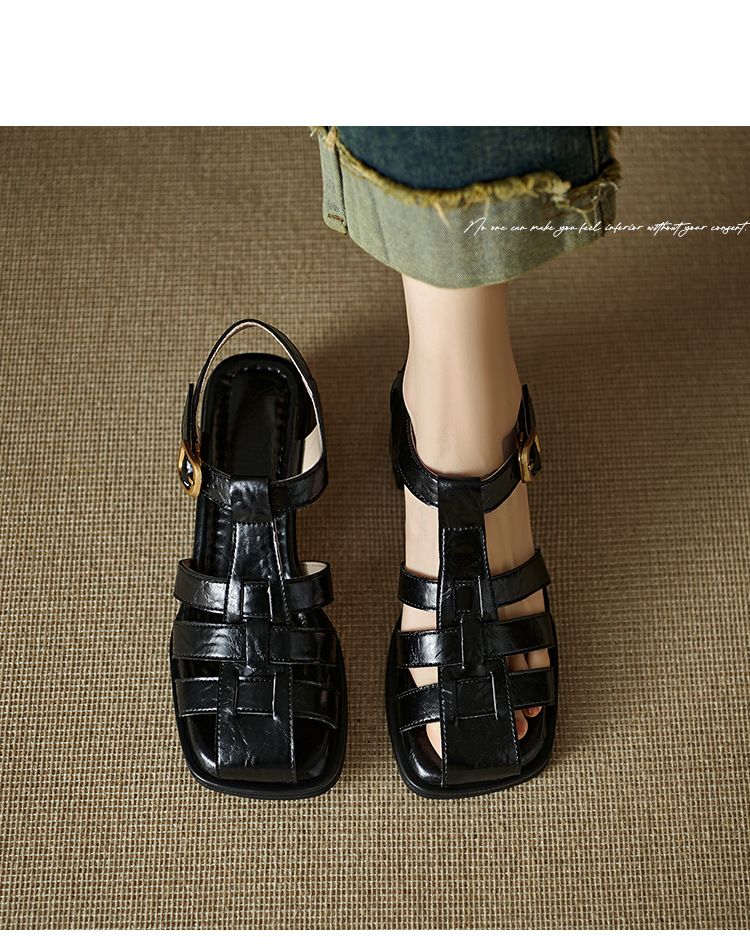 Sandal bít mũi nữ da thật kiểu Pháp cổ điển, gót trung dệt rỗng — Màu nâu, Màu đen, Màu trắng be chi tiết 17