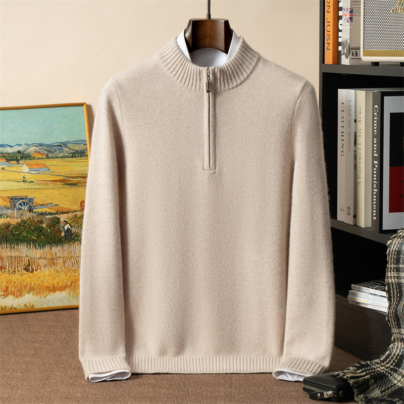 New autumn and winter cashmere sweater for men, half-high collar zippered sweater, warm knitted pullover, thick and loose fit