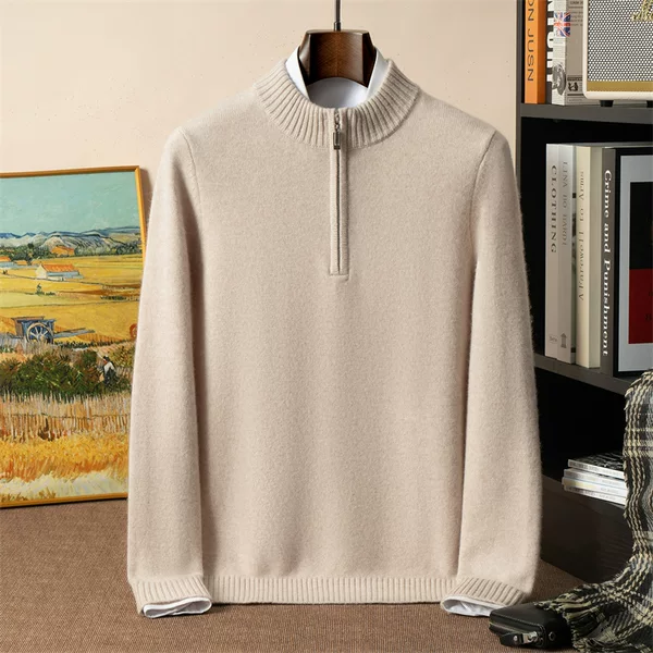 New autumn and winter cashmere sweater for men, half-high collar zippered sweater, warm knitted pullover, thick and loose fit