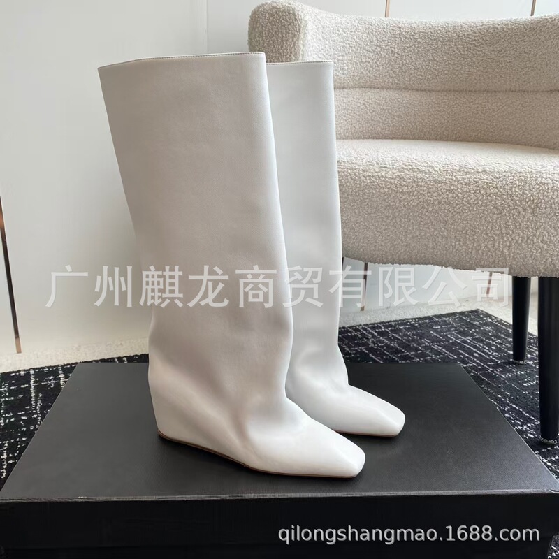 高端小众2025秋冬真皮方头复古坡跟内增高高筒骑士靴不过膝长靴女|undefined